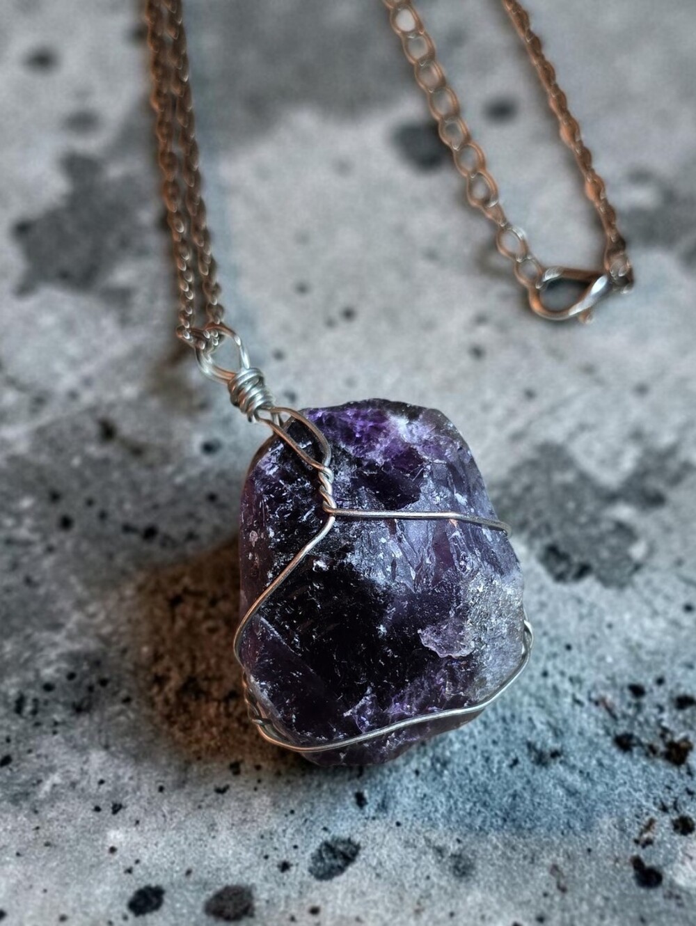 Silver Wire-Wrapped Raw Amethyst Pendant Necklace - Picture 3 of 4